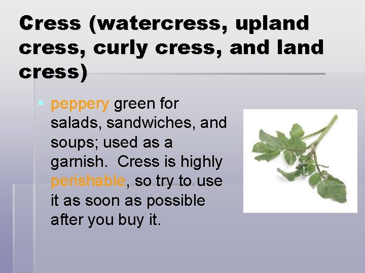 Cress (watercress, upland cress, curly cress, and land cress) § peppery green for salads,