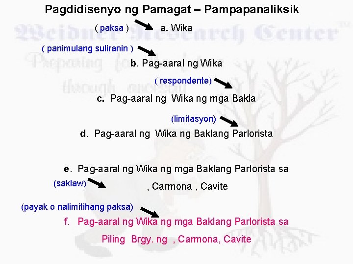 Pagdidisenyo ng Pamagat – Pampapanaliksik a. Wika ( paksa ) ( panimulang suliranin )