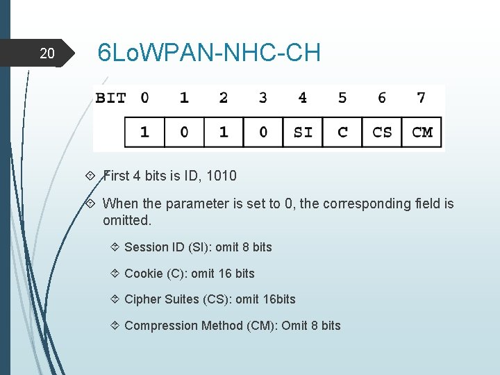 20 6 Lo. WPAN-NHC-CH First 4 bits is ID, 1010 When the parameter is