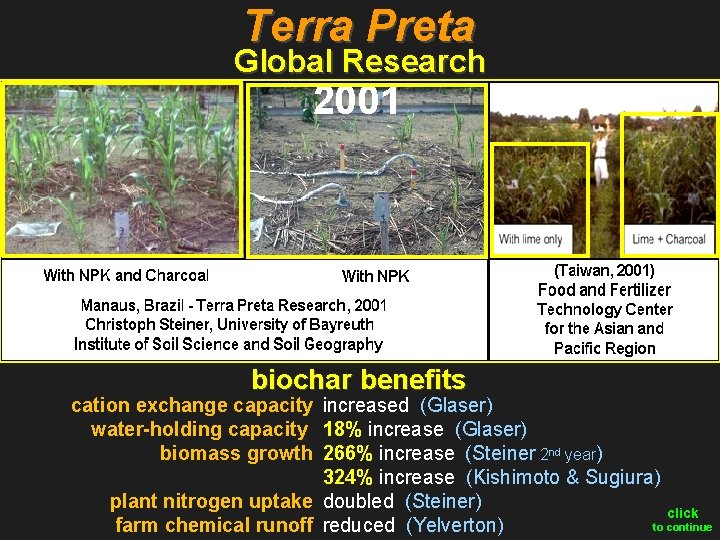 Terra Preta Global Research 2001 biochar benefits cation exchange capacity increased (Glaser) water-holding capacity