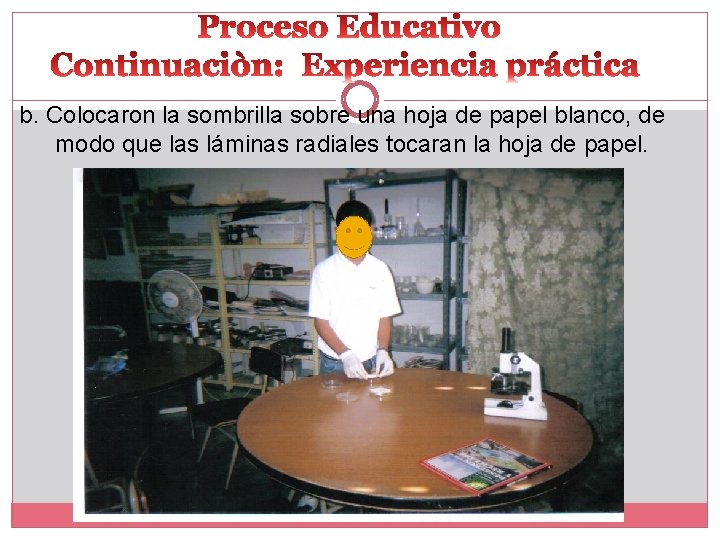 b. Colocaron la sombrilla sobre una hoja de papel blanco, de modo que las