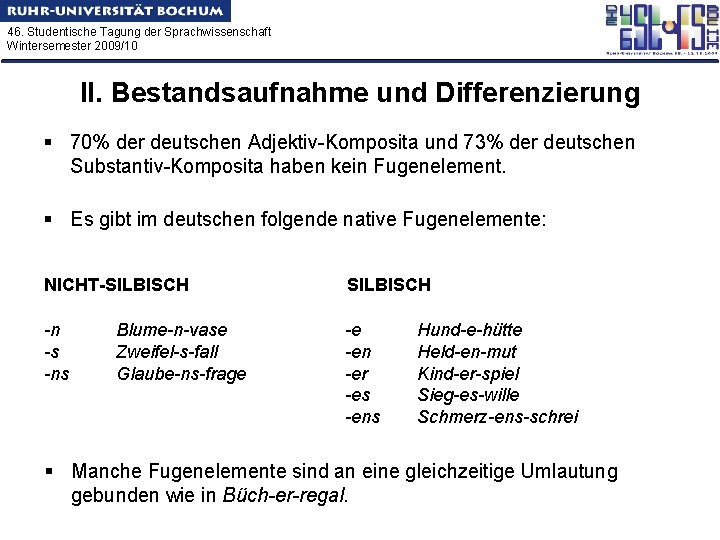 46. Studentische Tagung der Sprachwissenschaft Wintersemester 2009/10 II. Bestandsaufnahme und Differenzierung § 70% der