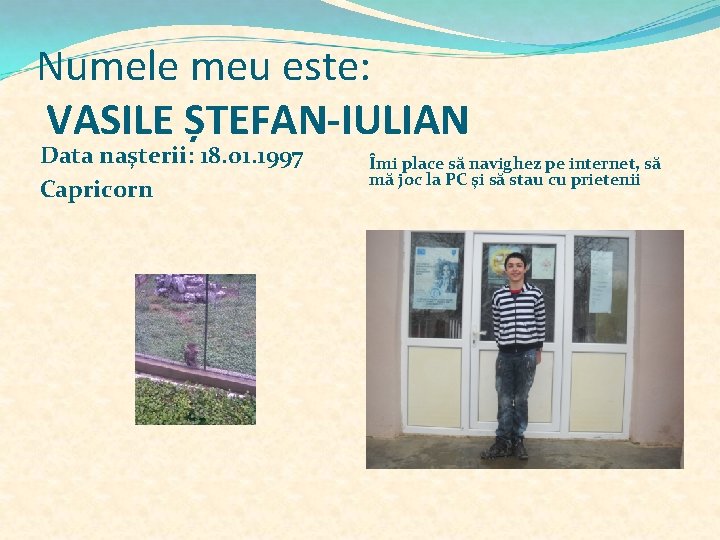 Numele meu este: VASILE ȘTEFAN-IULIAN Data naşterii: 18. 01. 1997 Capricorn Îmi place să