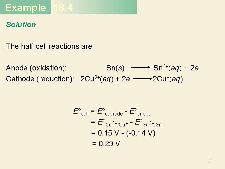 Example 18. 4 Solution The half-cell reactions are Anode (oxidation): Sn(s) Sn 2+(aq) +