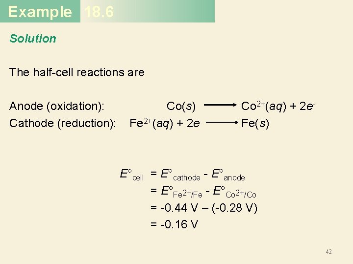 Example 18. 6 Solution The half-cell reactions are Anode (oxidation): Co(s) Co 2+(aq) +