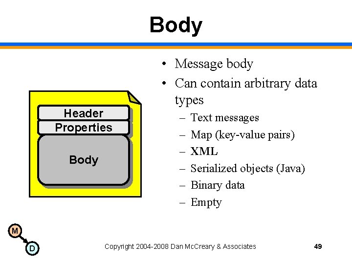 Body Header Properties Body • Message body • Can contain arbitrary data types –