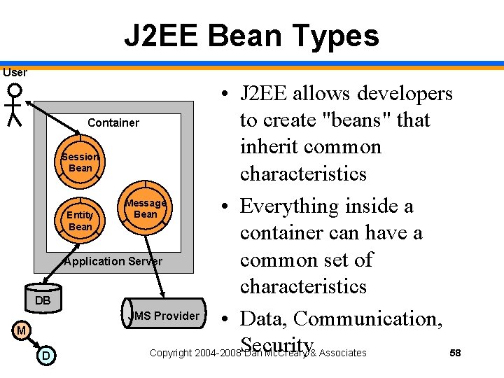 J 2 EE Bean Types User DB M D • J 2 EE allows