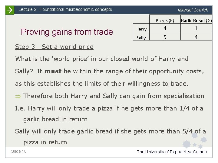 Lecture 2: Foundational microeconomic concepts Michael Cornish Proving gains from trade Harry Sally Pizzas