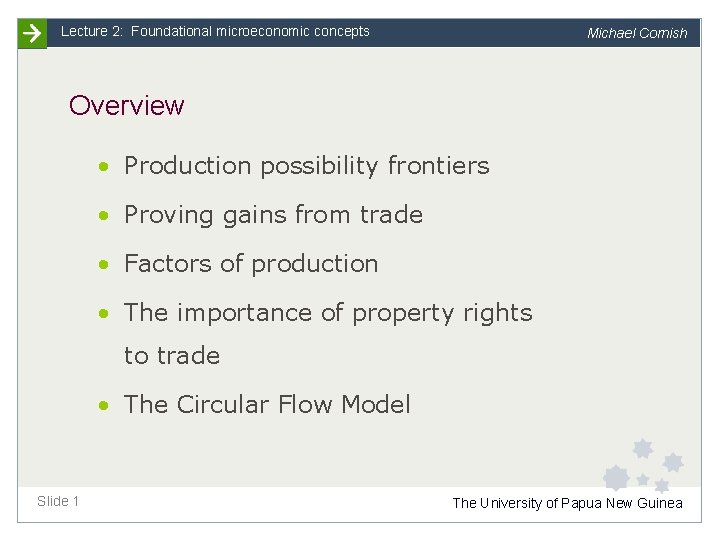 Lecture 2: Foundational microeconomic concepts Michael Cornish Overview • Production possibility frontiers • Proving