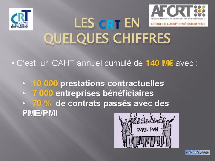 LES CRT EN QUELQUES CHIFFRES • C’est un CAHT annuel cumulé de 140 M€ LES CRT EN QUELQUES CHIFFRES • C’est un CAHT annuel cumulé de 140 M€
