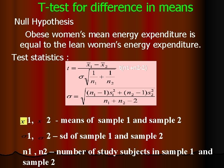 T-test for difference in means Null Hypothesis Obese women’s mean energy expenditure is equal T-test for difference in means Null Hypothesis Obese women’s mean energy expenditure is equal