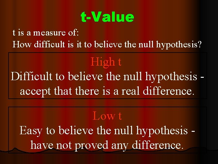 t-Value t is a measure of: How difficult is it to believe the null t-Value t is a measure of: How difficult is it to believe the null