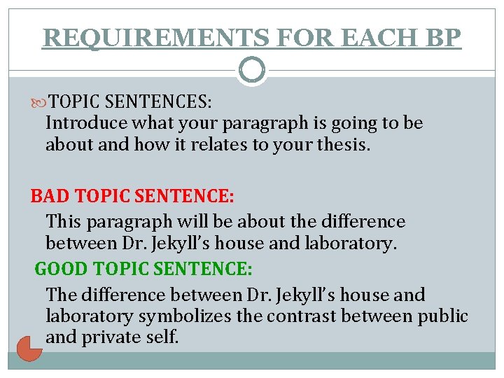 REQUIREMENTS FOR EACH BP TOPIC SENTENCES: Introduce what your paragraph is going to be