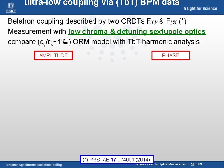 ultra-low coupling via (Tb. T) BPM data Betatron coupling described by two CRDTs Fxy