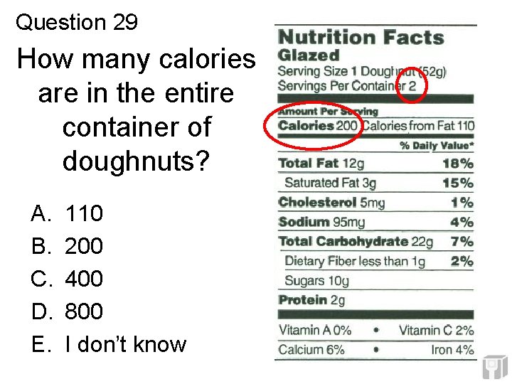 Question 29 How many calories are in the entire container of doughnuts? A. B. Question 29 How many calories are in the entire container of doughnuts? A. B.