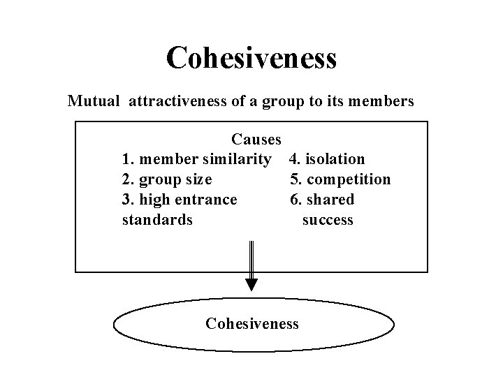 Cohesiveness Mutual attractiveness of a group to its members Causes 1. member similarity 4.