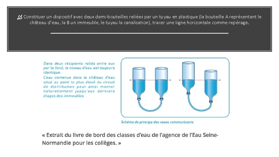  Constituer un dispositif avec deux demi-bouteilles reliées par un tuyau en plastique (la