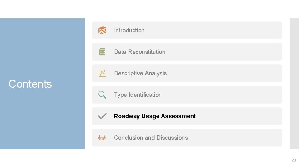 Introduction Data Reconstitution Descriptive Analysis Contents Type Identification Roadway Usage Assessment Conclusion and Discussions