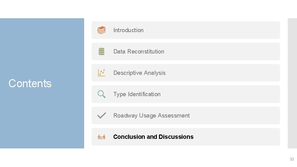 Introduction Data Reconstitution Descriptive Analysis Contents Type Identification Roadway Usage Assessment Conclusion and Discussions
