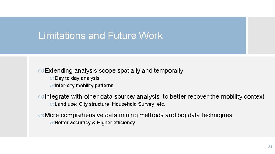 Limitations and Future Work Extending analysis scope spatially and temporally Day to day analysis