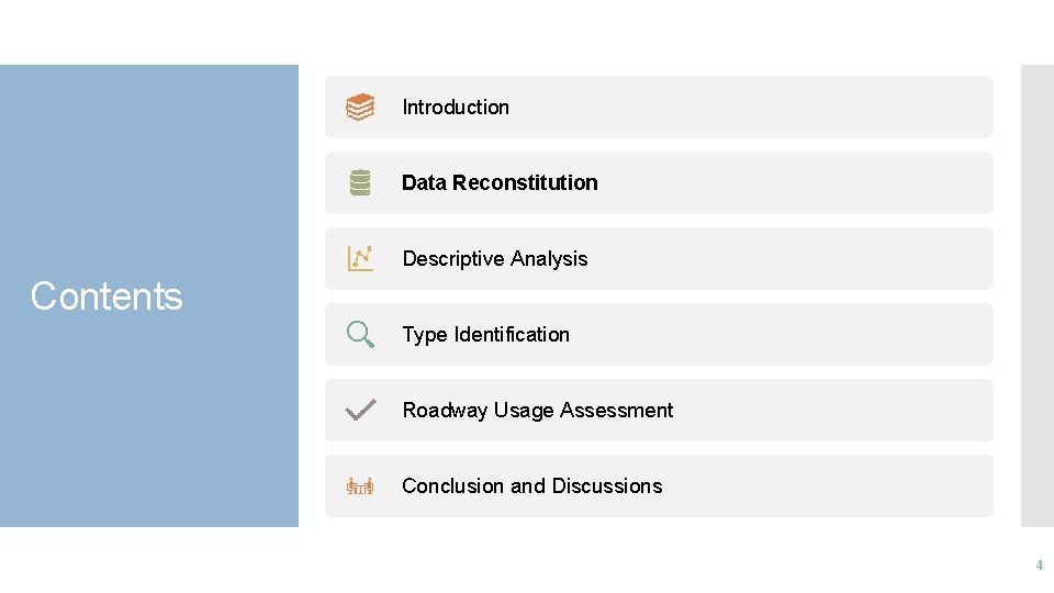 Introduction Data Reconstitution Descriptive Analysis Contents Type Identification Roadway Usage Assessment Conclusion and Discussions