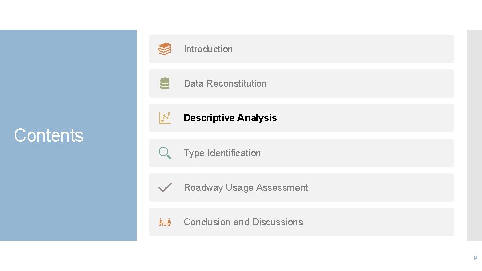 Introduction Data Reconstitution Descriptive Analysis Contents Type Identification Roadway Usage Assessment Conclusion and Discussions