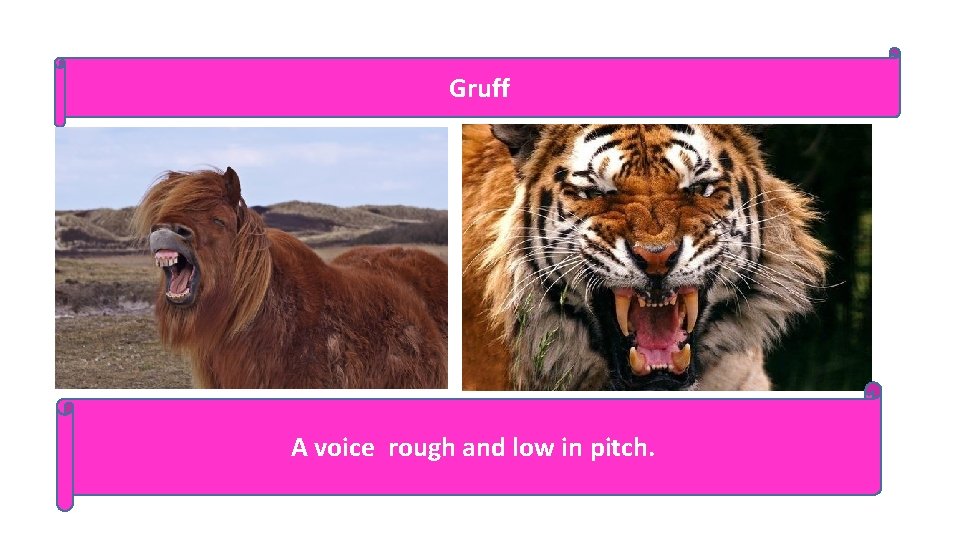 Gruff A voice rough and low in pitch. 