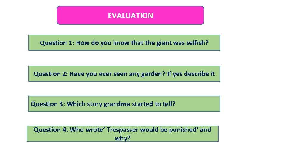 EVALUATION Question 1: How do you know that the giant was selfish? Question 2: