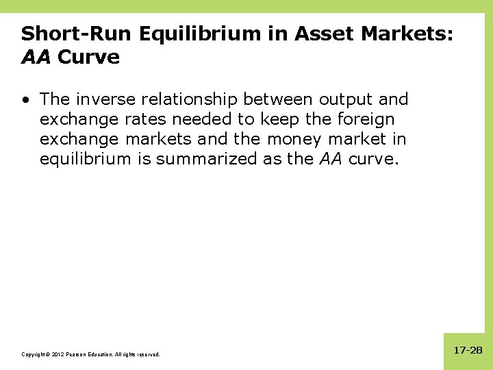 Short-Run Equilibrium in Asset Markets: AA Curve • The inverse relationship between output and