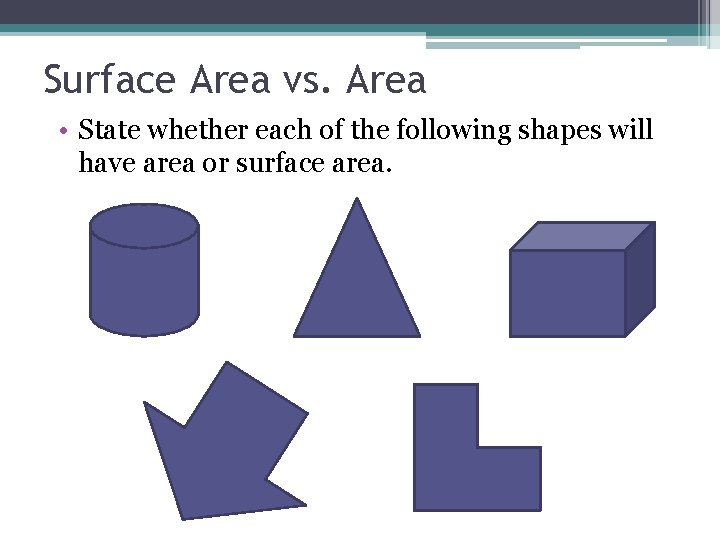 Surface Area vs. Area • State whether each of the following shapes will have