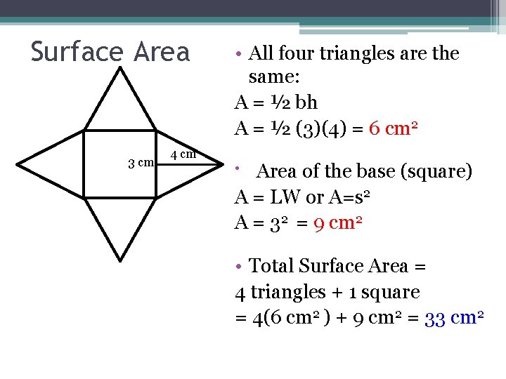 Surface Area 3 cm 4 cm • All four triangles are the same: A