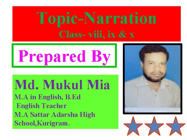 Topic-Narration Class- viii, ix & x Prepared By Md. Mukul Mia M. A in
