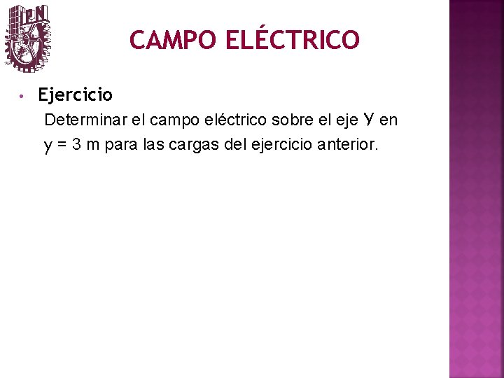 CAMPO ELÉCTRICO • Ejercicio Determinar el campo eléctrico sobre el eje Y en y