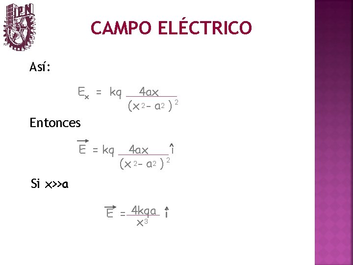 CAMPO ELÉCTRICO Así: Ex = kq 4 ax (x 2 - a 2 )