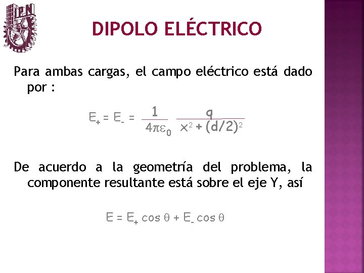 DIPOLO ELÉCTRICO Para ambas cargas, el campo eléctrico está dado por : E+ =