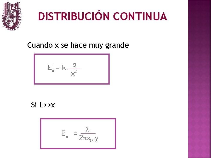 DISTRIBUCIÓN CONTINUA Cuando x se hace muy grande Ex = k q 2 x