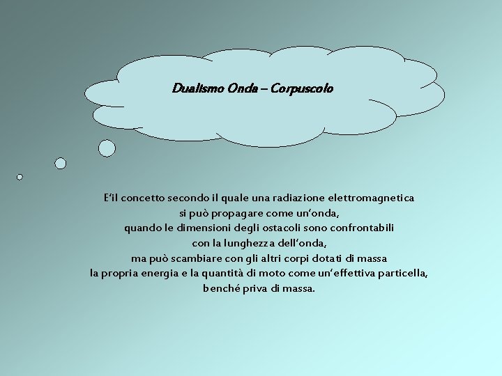 Dualismo Onda – Corpuscolo E’il concetto secondo il quale una radiazione elettromagnetica si può