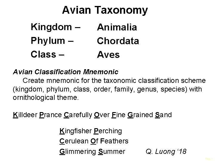 Avian Taxonomy Kingdom – Phylum – Class – Animalia Chordata Aves Avian Classification Mnemonic