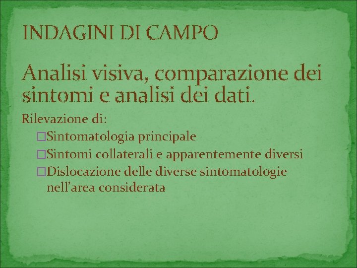 INDAGINI DI CAMPO Analisi visiva, comparazione dei sintomi e analisi dei dati. Rilevazione di: