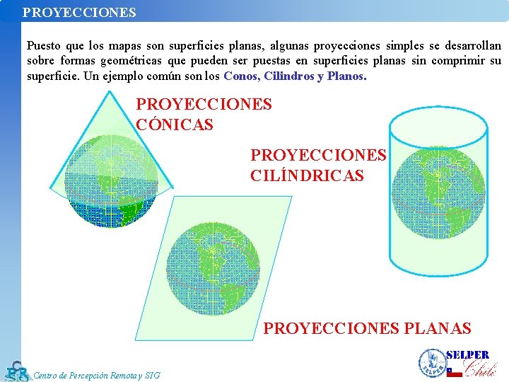 PROYECCIONES Puesto que los mapas son superficies planas, algunas proyecciones simples se desarrollan sobre