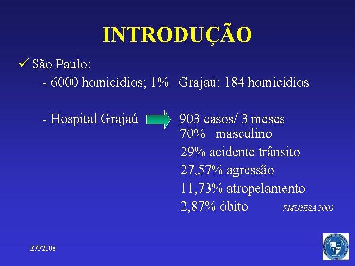 INTRODUÇÃO ü São Paulo: - 6000 homicídios; 1% Grajaú: 184 homicídios - Hospital Grajaú