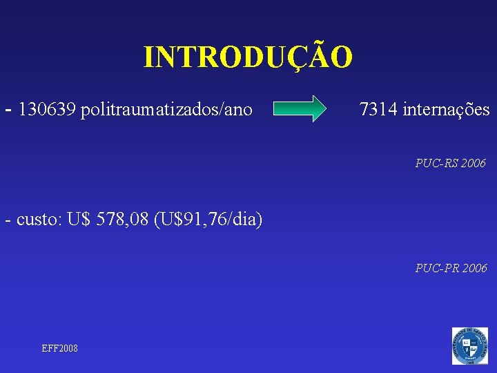 INTRODUÇÃO - 130639 politraumatizados/ano 7314 internações PUC-RS 2006 - custo: U$ 578, 08 (U$91,