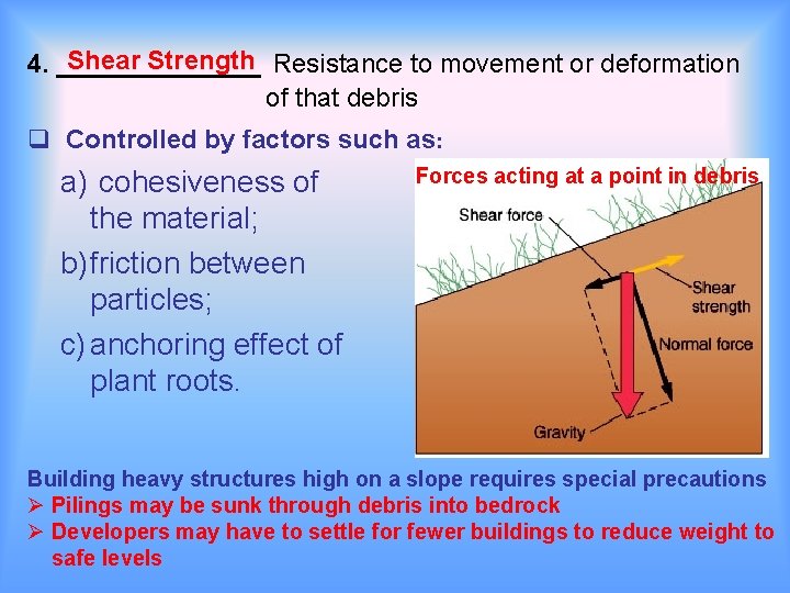 Shear Strength Resistance to movement or deformation 4. _______ of that debris Controlled by