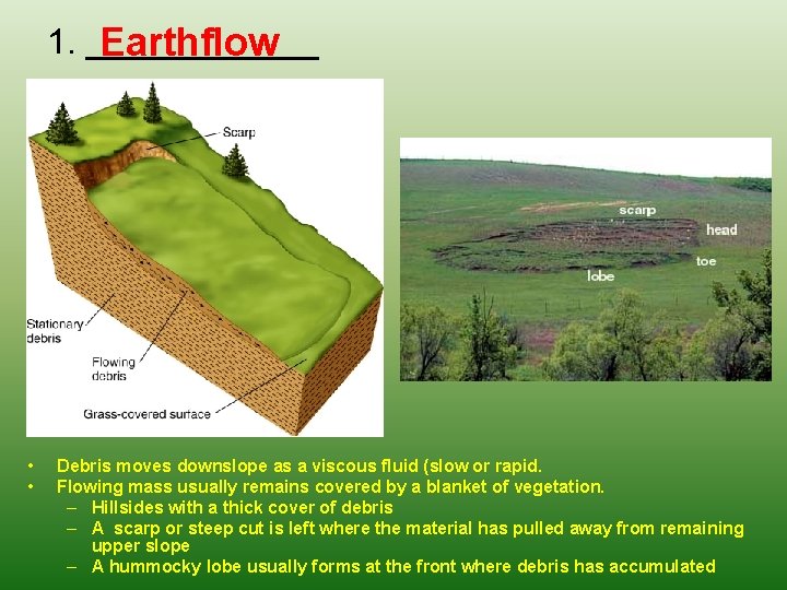 1. ______ Earthflow • • Debris moves downslope as a viscous fluid (slow or