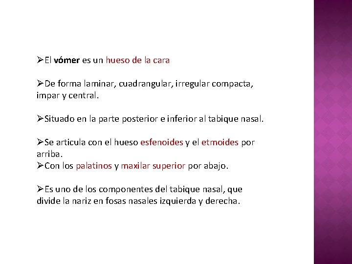 ØEl vómer es un hueso de la cara ØDe forma laminar, cuadrangular, irregular compacta,