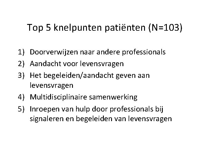 Top 5 knelpunten patiënten (N=103) 1) Doorverwijzen naar andere professionals 2) Aandacht voor levensvragen