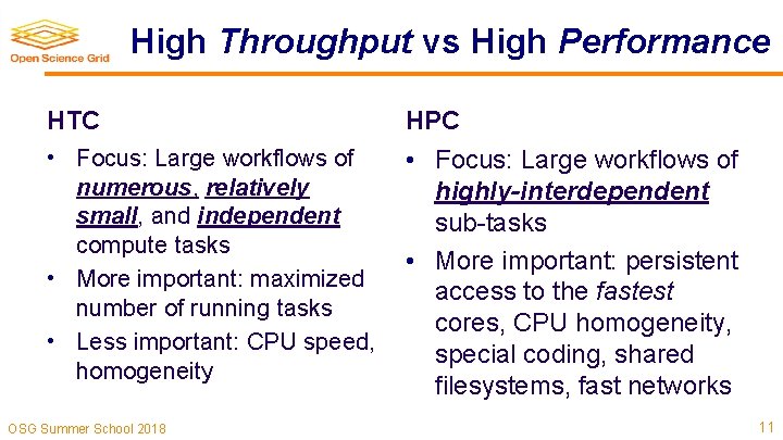 High Throughput vs High Performance HTC • Focus: Large workflows of numerous, relatively small,