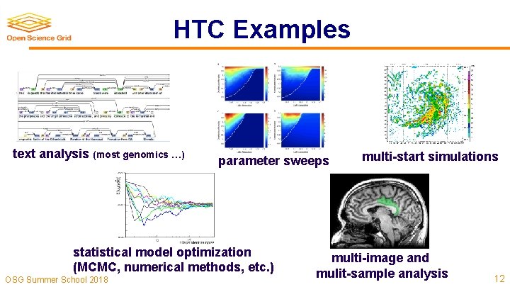 HTC Examples text analysis (most genomics …) parameter sweeps statistical model optimization (MCMC, numerical