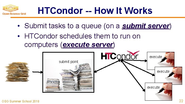 HTCondor -- How It Works • Submit tasks to a queue (on a submit