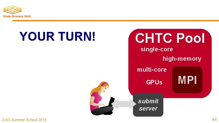 YOUR TURN! CHTC Pool single-core high-memory multi-core GPUs MPI submit server OSG Summer School